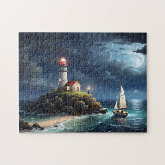 Vuurtoren volle maan lege rij boot legpuzzel (Horizontaal)