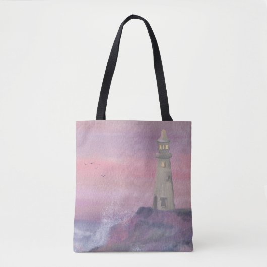 vuurtoren voor de kust van Bluff met roze lucht Tote Bag (Voorkant)