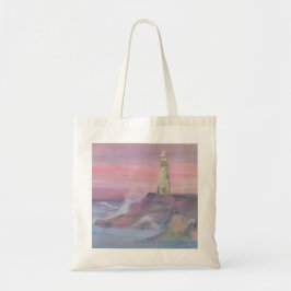 vuurtoren voor de kust van Bluff met roze lucht Tote Bag