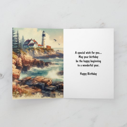  Vuurtoren Waterverf Happy Birthday Kaart (Binnen)