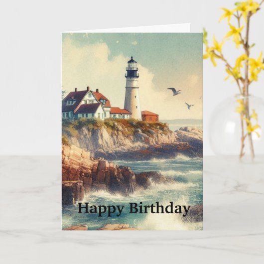  Vuurtoren Waterverf Happy Birthday Kaart (Gele Bloem)