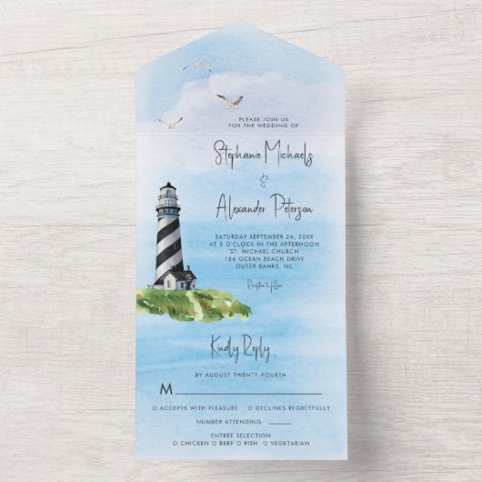 Vuurtoren Waterverf Nautical Wedding All In One Uitnodiging (Binnen)