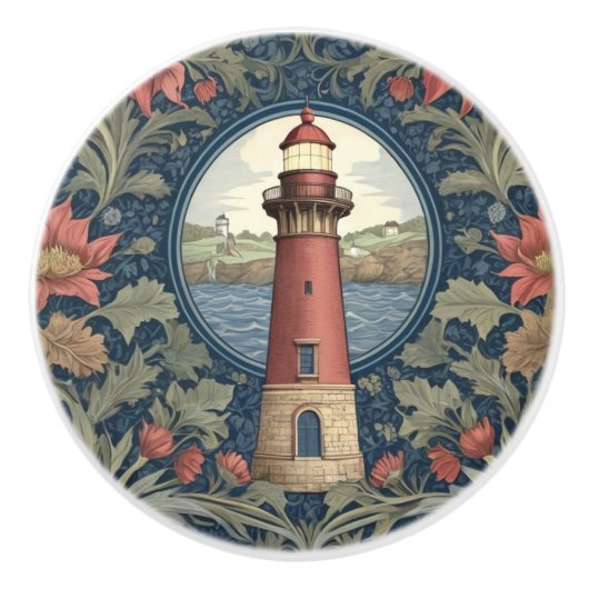 Vuurtoren William Morris stijl oceaan zee bloemen Keramische Knop (Voorkant)