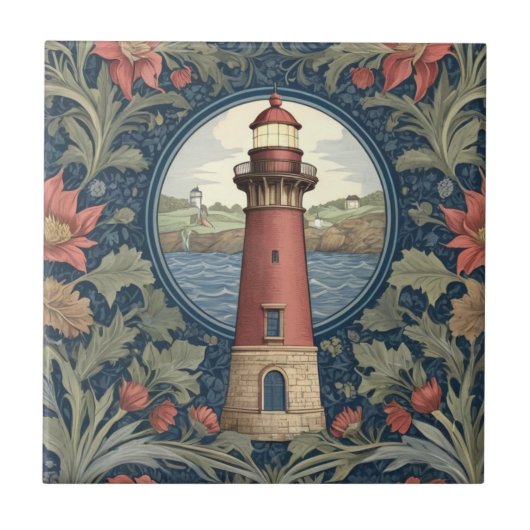 Vuurtoren William Morris stijl oceaan zee bloemen Tegeltje (Voorkant)