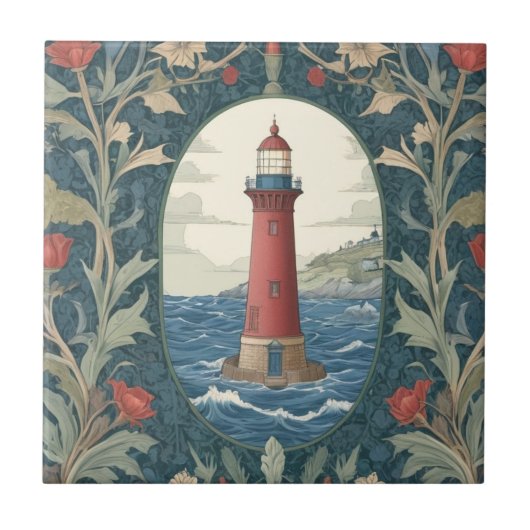 Vuurtoren William Morris stijl oceaan zee nautisch Tegeltje (Voorkant)