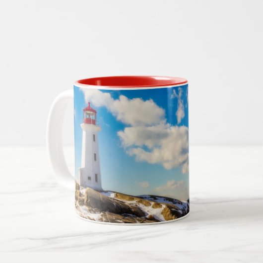 vuurtoren | Winter in Peggy's Cove, Nova Scotia Tweekleurige Koffiemok (Voorkant links)