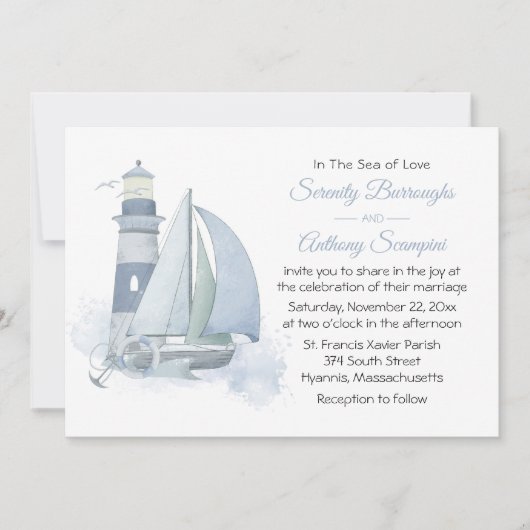 Vuurtoren Zeilboot Aquarel Scheepvaart Trouwen Kaart (Voorkant)