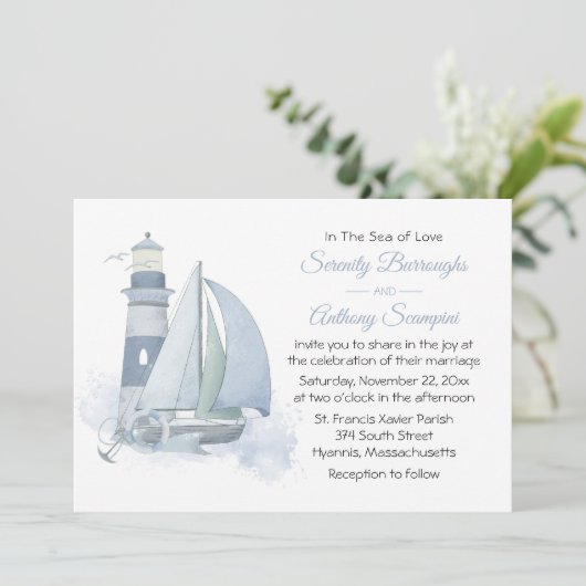 Vuurtoren Zeilboot Aquarel Zeemansbruiloft Kaart (Staand voorkant)