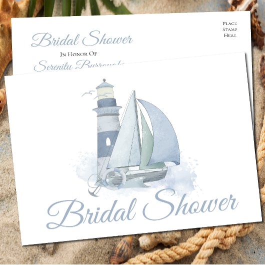 Vuurtoren Zeilboot Blauw Nautisch Vrijgezellenfees Uitnodiging Briefkaart