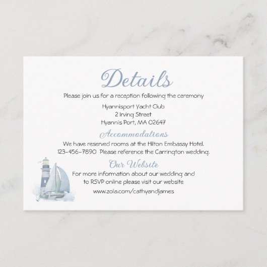 Vuurtoren Zeilboot Blauw nautische bruiloft Detail Informatiekaartje (Voorkant)
