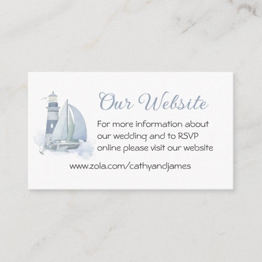 Vuurtoren Zeilboot Blauw nautische bruiloft Websit Informatiekaartje (Voorkant)