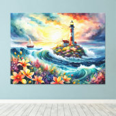 Vuurtoren Zeilboot Floral Beauty Waterverf Canvas Afdruk (Insitu (Houten vloer))