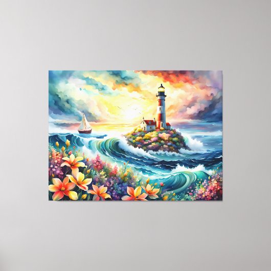 Vuurtoren Zeilboot Floral Beauty Waterverf Canvas Afdruk (Voorkant)