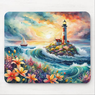 Vuurtoren Zeilboot Floral Beauty Waterverf Muismat