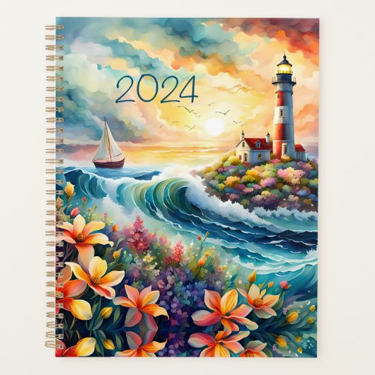 Vuurtoren Zeilboot Floral Beauty Waterverf Planner (Voorkant)