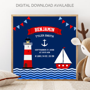 Vuurtoren Zeilboot Nautische Baby Jongen Geboorte  Poster