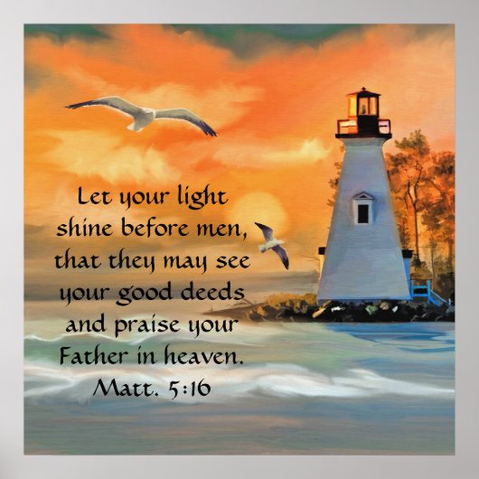 Vuurtoren Zonneset/Seagulls Bijbelverse Poster (Voorkant)