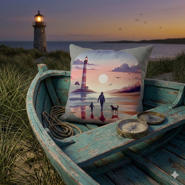 Vuurtoren Zonsondergang Wandelpad Kustzicht Kussen (Lighthouse Sunset Walk Coastal Scene Throw Pillow Mockup C)