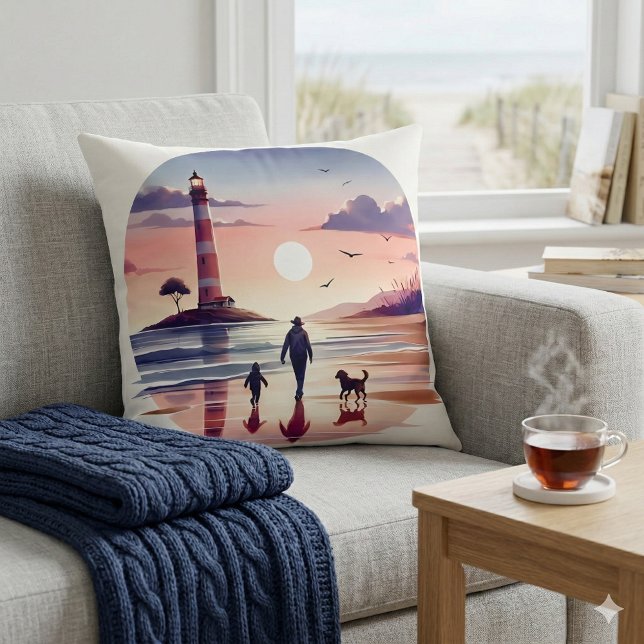 Vuurtoren Zonsondergang Wandelpad Kustzicht Kussen (Lighthouse Sunset Walk Coastal Scene White Throw Pillow Mockup A)