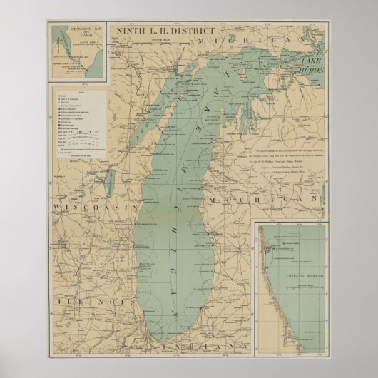 vuurtorenkaart van het meer Michigan (1898) Poster (Voorkant)