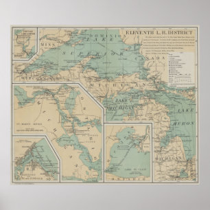  vuurtorenkaart voor de Grote Meren (1898) Poster