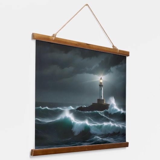 Vuurtorenlandschap Kust Ocean Waves Night Zee Hangend Wandkleed (Gebogen)