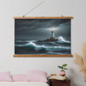 Vuurtorenlandschap Kust Ocean Waves Night Zee Hangend Wandkleed (Slaapkamer)