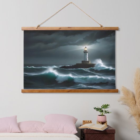 Vuurtorenlandschap Kust Ocean Waves Night Zee Hangend Wandkleed (Slaapkamer)