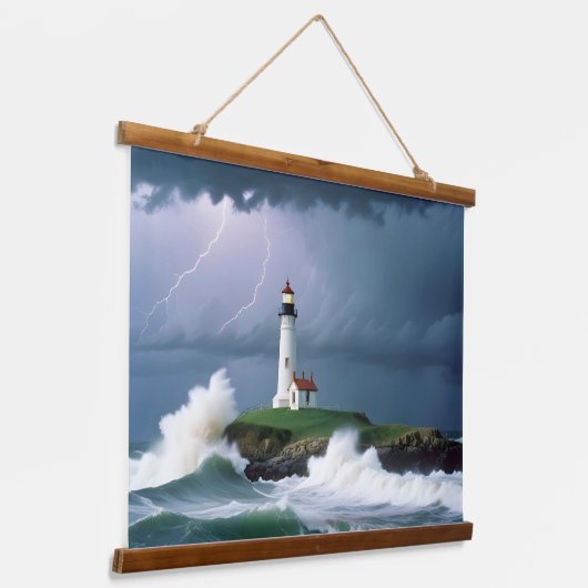 Vuurtorenlandschap Kust Ocean Waves Night Zee Hangend Wandkleed (Gebogen)