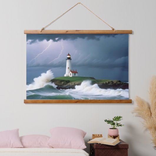 Vuurtorenlandschap Kust Ocean Waves Night Zee Hangend Wandkleed (Slaapkamer)