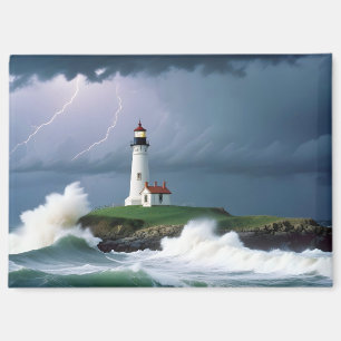 Vuurtorenlandschap Kust Ocean Waves Night Zee Magneet