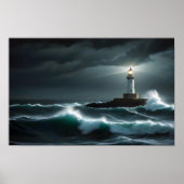 Vuurtorenlandschap Kust Ocean Waves Night Zee Poster (Voorkant)