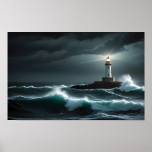 Vuurtorenlandschap Kust Ocean Waves Night Zee Poster