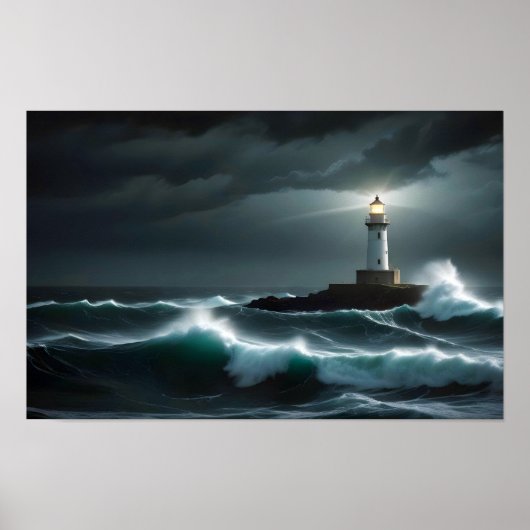 Vuurtorenlandschap Kust Ocean Waves Night Zee Poster (Voorkant)