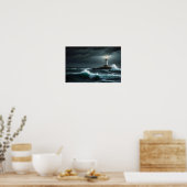 Vuurtorenlandschap Kust Ocean Waves Night Zee Poster (Keuken)