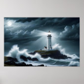 Vuurtorenlandschap Kust Ocean Waves Night Zee Poster (Voorkant)