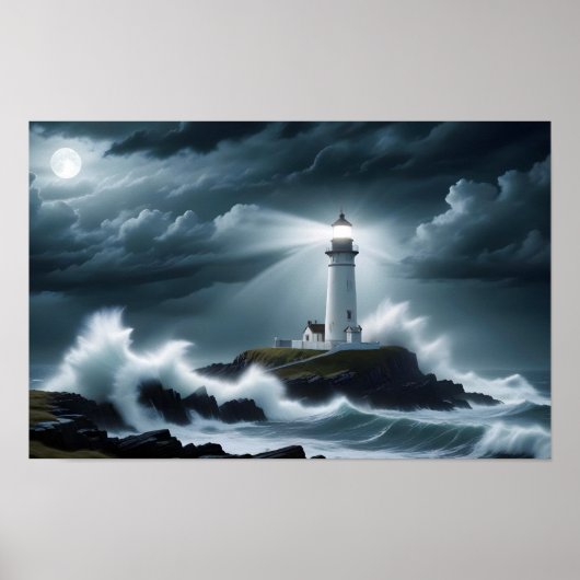 Vuurtorenlandschap Kust Ocean Waves Night Zee Poster (Voorkant)