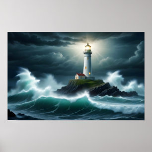 Vuurtorenlandschap Kust Ocean Waves Night Zee Poster
