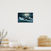 Vuurtorenlandschap Kust Ocean Waves Night Zee Poster (Keuken)