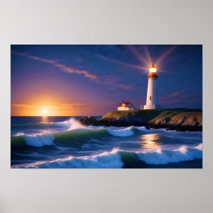 Vuurtorenlandschap Kustgolf Zonsondergang Poster
