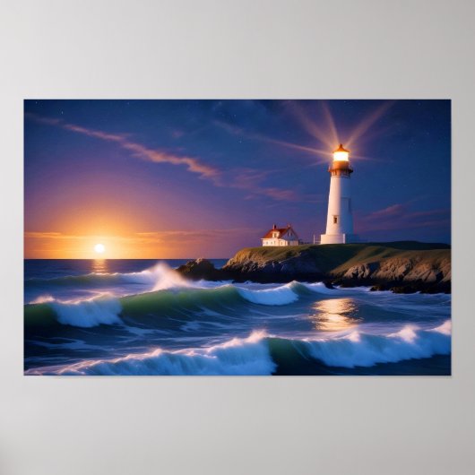 Vuurtorenlandschap Kustgolf Zonsondergang Poster (Voorkant)