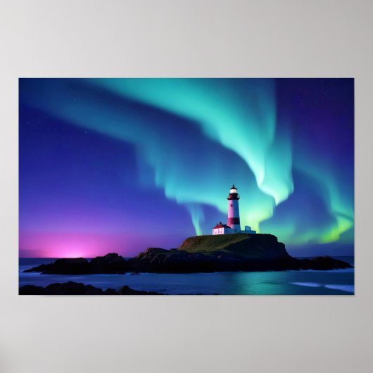 Vuurtorenlandschap Kustoceaan Aurora Night Poster (Voorkant)