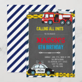 Vuurtruck en politie verjaardagsthema Uitnodiging (Voorkant / Achterkant)