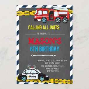 Vuurtruck en politie verjaardagsthema Uitnodiging