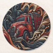 Vuurtruck heldendom op leer ronde kartonnen onderzetter (Voorkant)