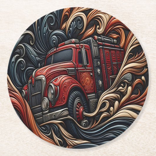 Vuurtruck heldendom op leer ronde kartonnen onderzetter (Voorkant)