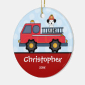 Vuurtruck speciaal kerstversiering voor jongen keramisch ornament (Links)