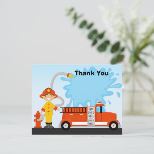 Vuurtruck verjaardag feest bedankt kaart (Staand voorkant)
