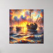 Vuurvissers halen bij zonsondergang canvas afdruk (Voorkant)