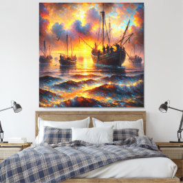 Vuurvissers halen bij zonsondergang canvas afdruk